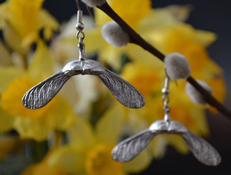 Sycamore double seed pod pewter earrings