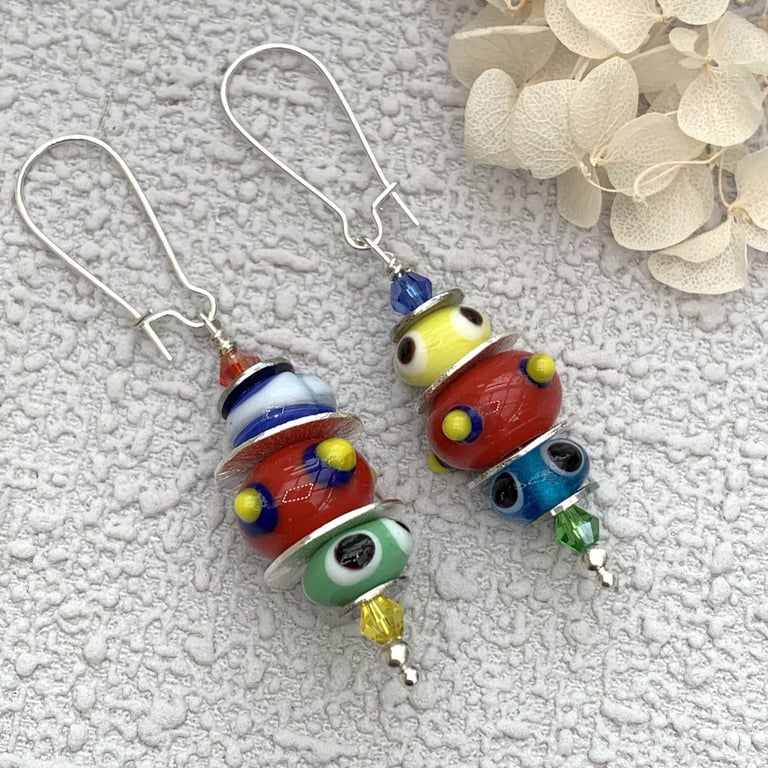 Boho Lampwork Glass Bead Asymmetric Earrings