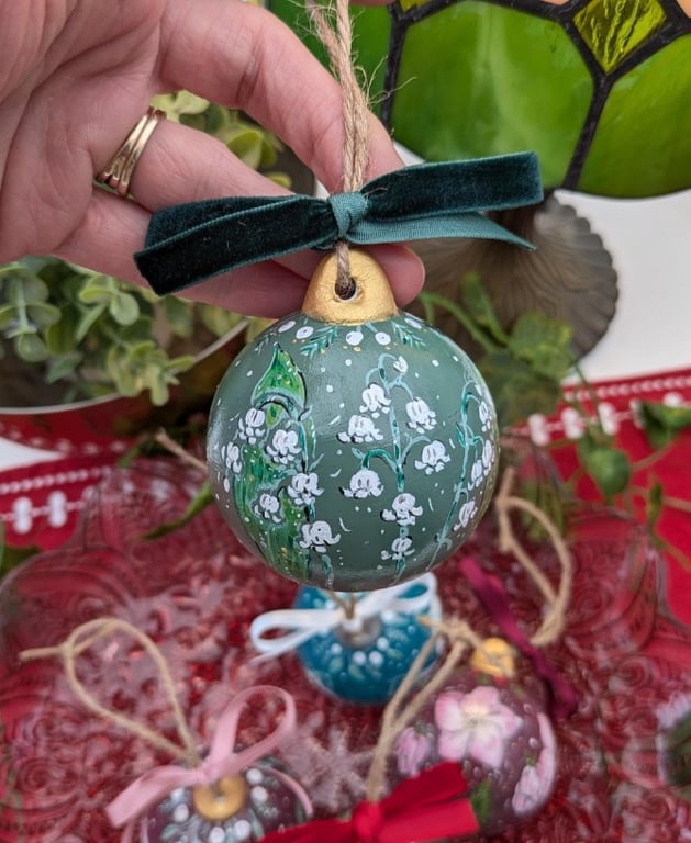 Lily of the valley hand-painted ceramic Christmas bauble 