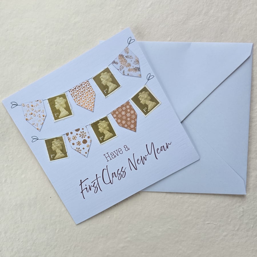 First Class New Year - Card with Gold UK Stamp Bunting - Unique Happy New Year 
