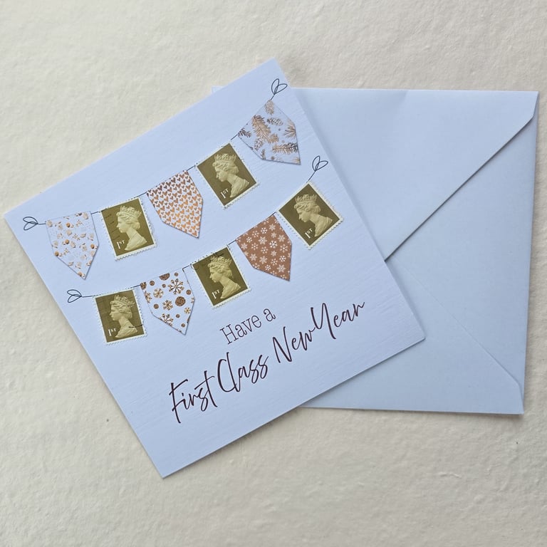 First Class New Year - Card with Gold UK Stamp Bunting - Unique Happy New Year 