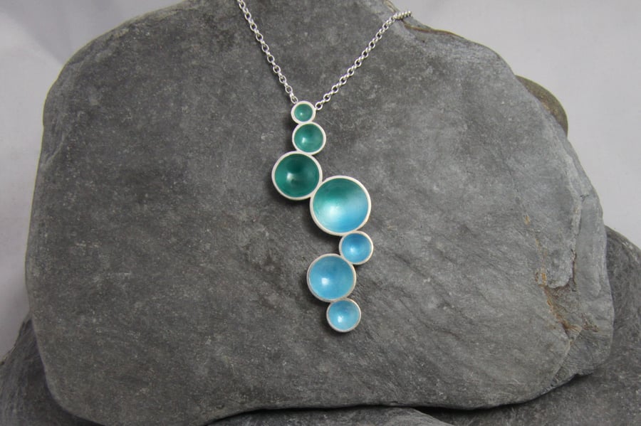Blue and green enamel necklace - Sterling Silver long statement necklace - long 