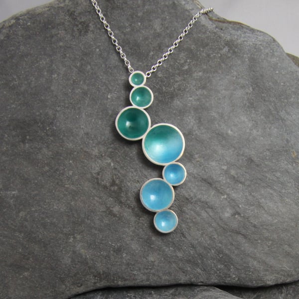 Blue and green enamel necklace - Sterling Silver long statement necklace - long 