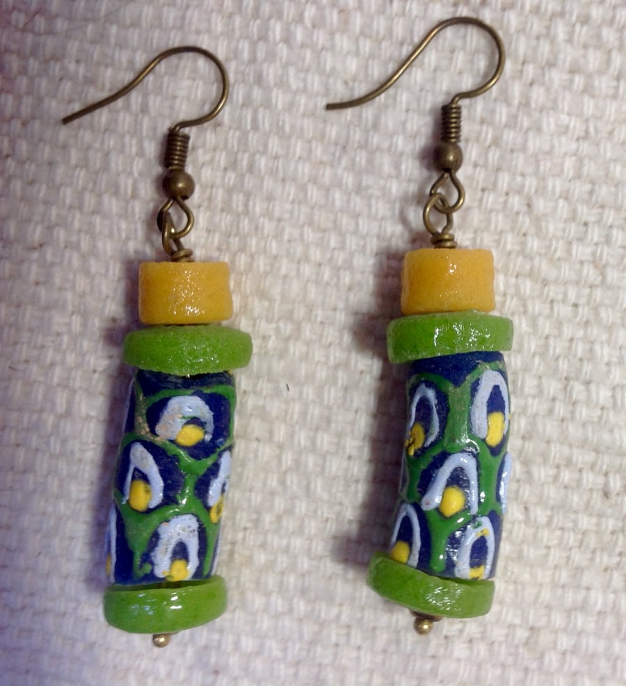Lime green modern African glass trade beads earrings