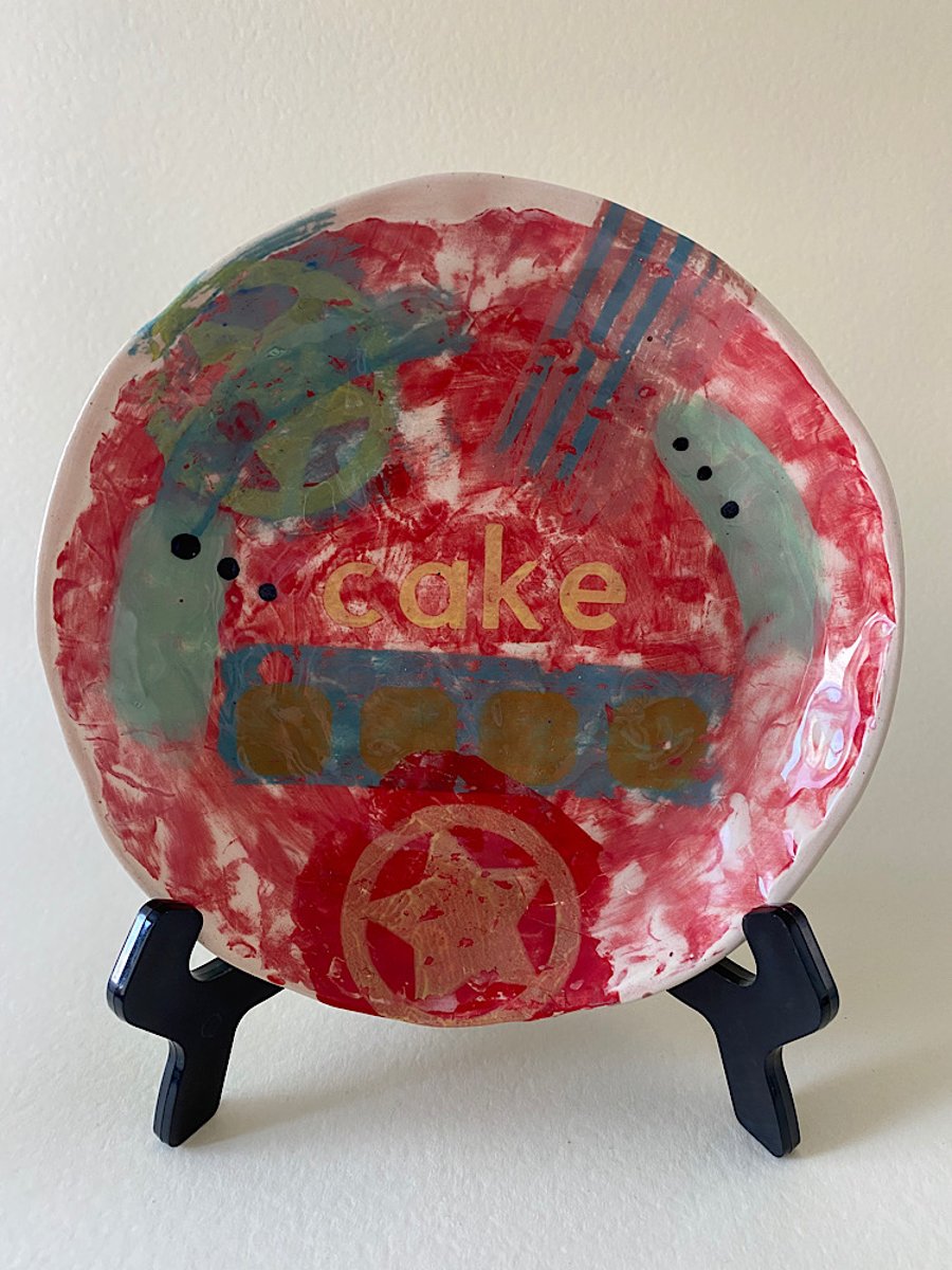 Cherry red abstract cake handmade ceramic plate.