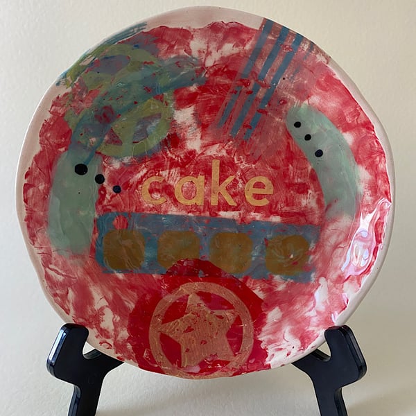 Cherry red abstract cake handmade ceramic plate.