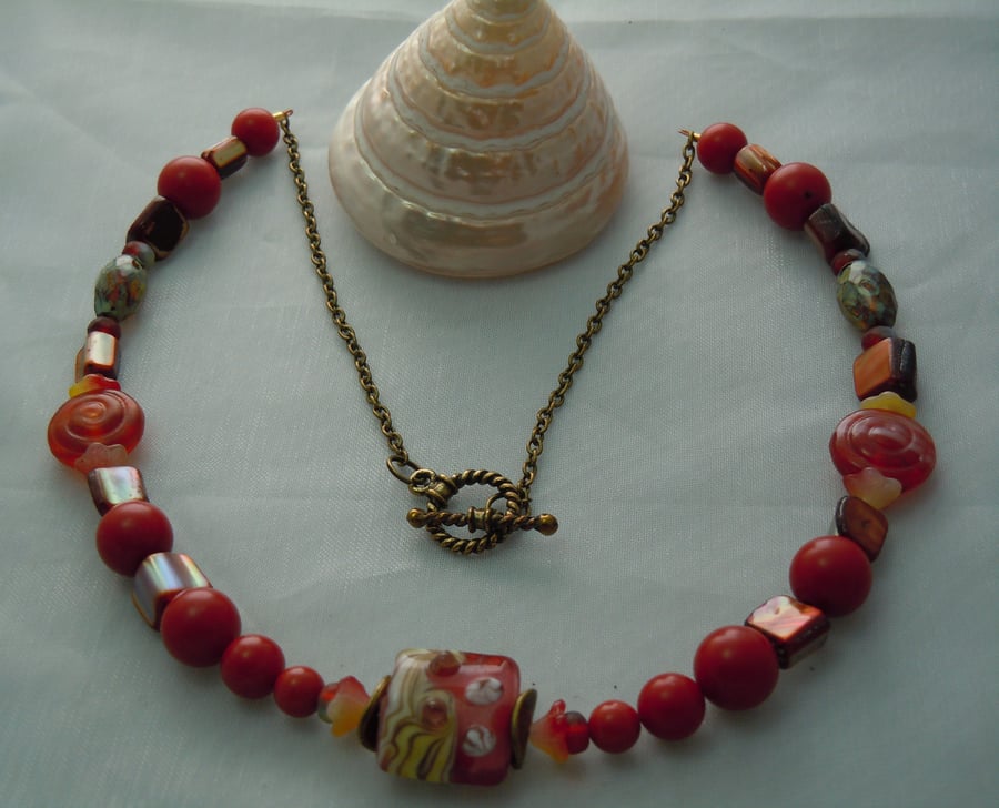 Shell, faux coral beads, Lampwork bead & Czech glass bead necklace