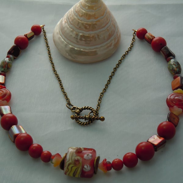 Shell, faux coral beads, Lampwork bead & Czech glass bead necklace