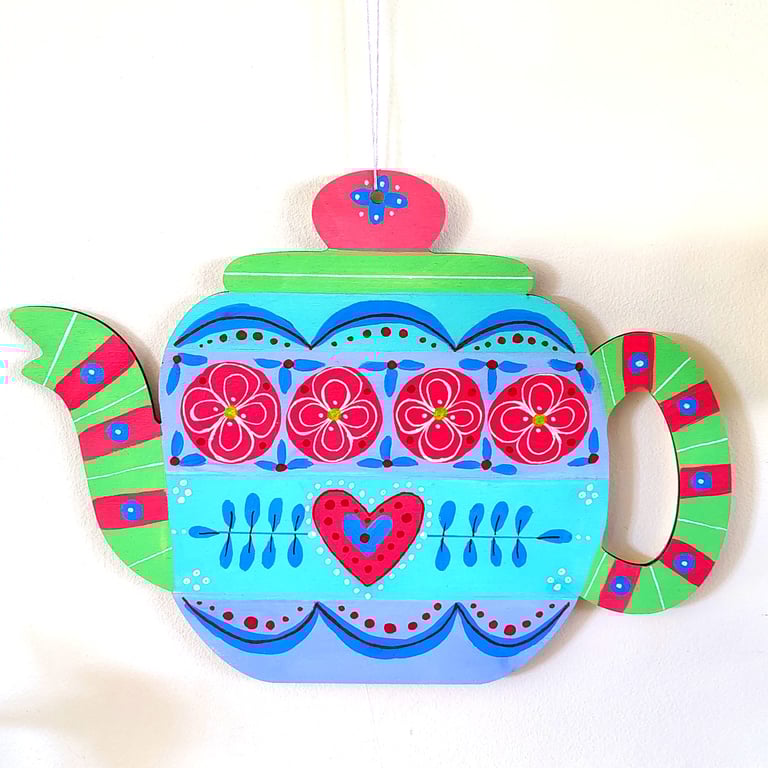 Hand painted wooden hanging teapot decoration heart flower boho wall art
