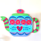 Hand painted wooden hanging teapot decoration heart flower boho wall art