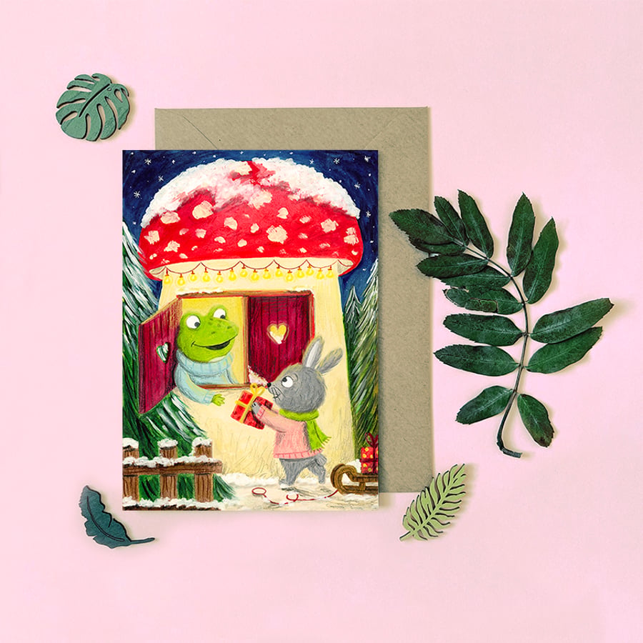 Image of Christmas Frog and Rabbit - Blank inside - Greeting Card