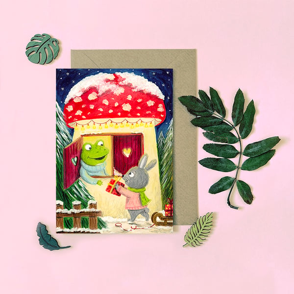 Christmas Frog and Rabbit - Blank inside - Greeting Card