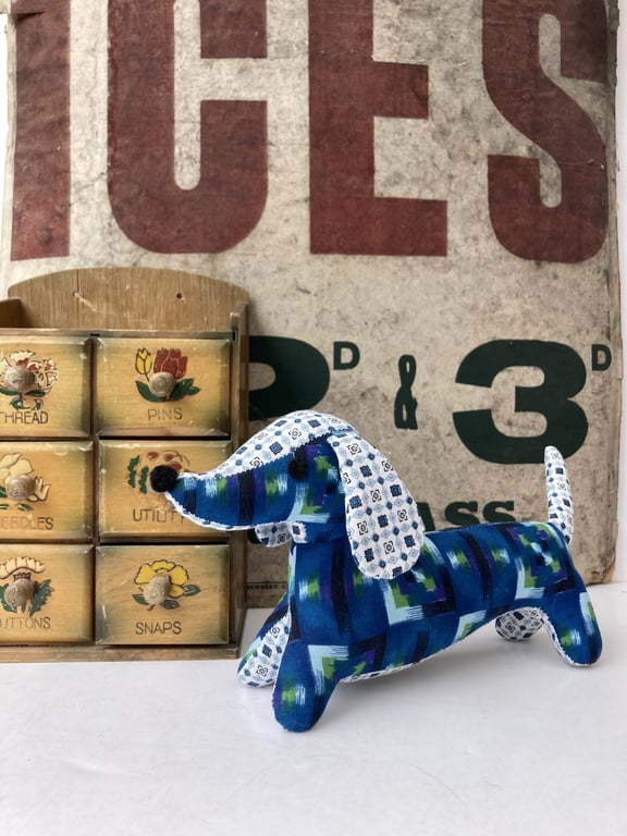Snossage The Vintage Fabric Sausage Dog.  (Blue)