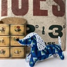Snossage The Vintage Fabric Sausage Dog.  (Blue)
