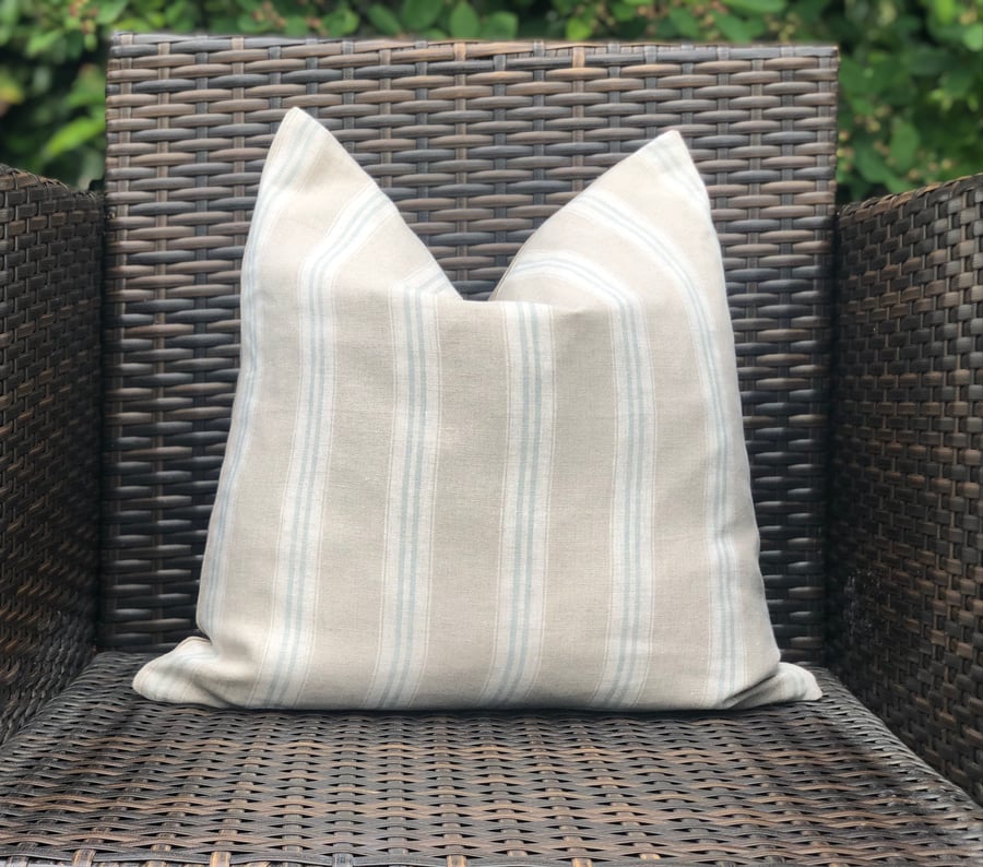 Duck Egg Blue Striped, Washed French Linen, Cushion Cover 18” x 18”