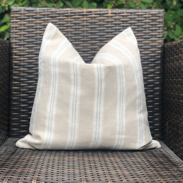 Duck Egg Blue Striped, Washed French Linen, Cushion Cover 18” x 18”