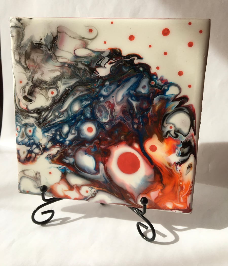 Abstract, Fluid art painting, Red dots, 6”x6” tile, trivet, decoration