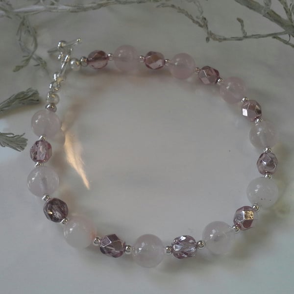 Calming Rose Quartz & Crystal Bracelet Silver Plated