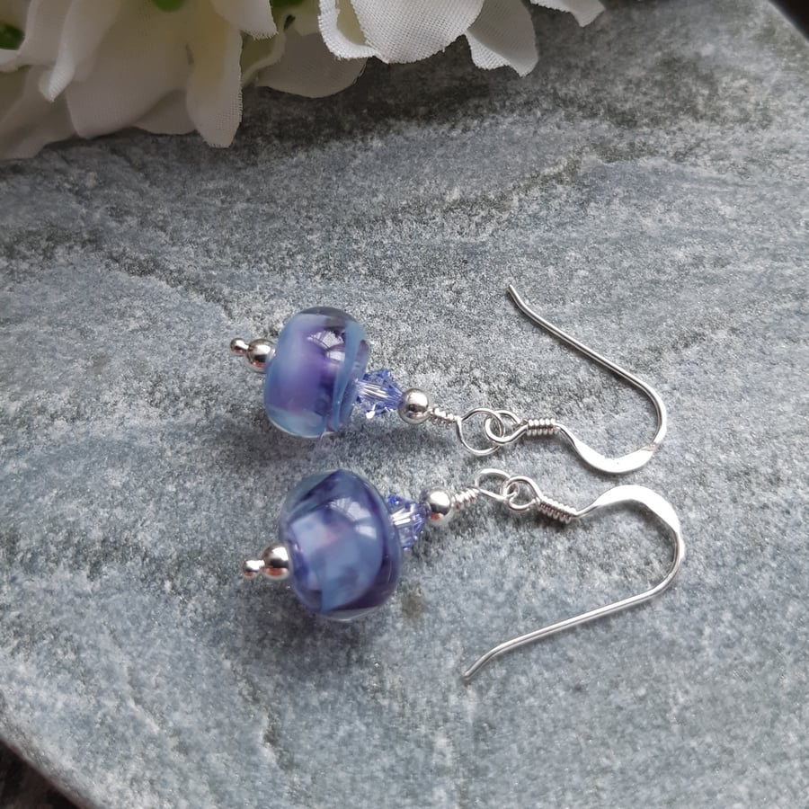 Sterling Silver Handmade Lilac and Purple Lampwork Glass and Crystal Earrings