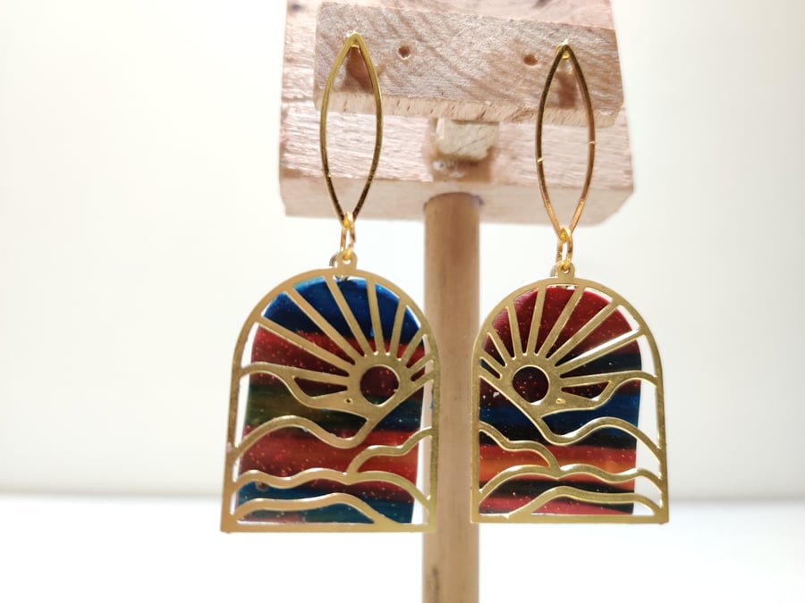 Brass sunset arch dangles earrings