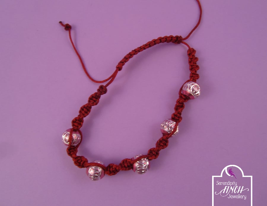 Thin Red Macrame Bracelet with Aluminium Beads