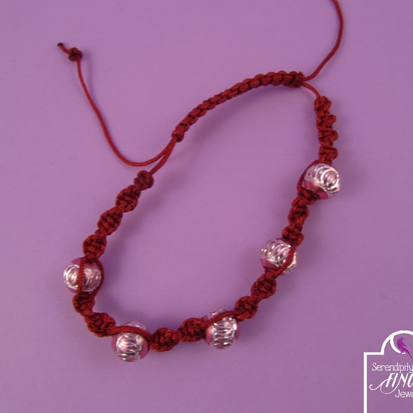 Thin Red Macrame Bracelet with Aluminium Beads