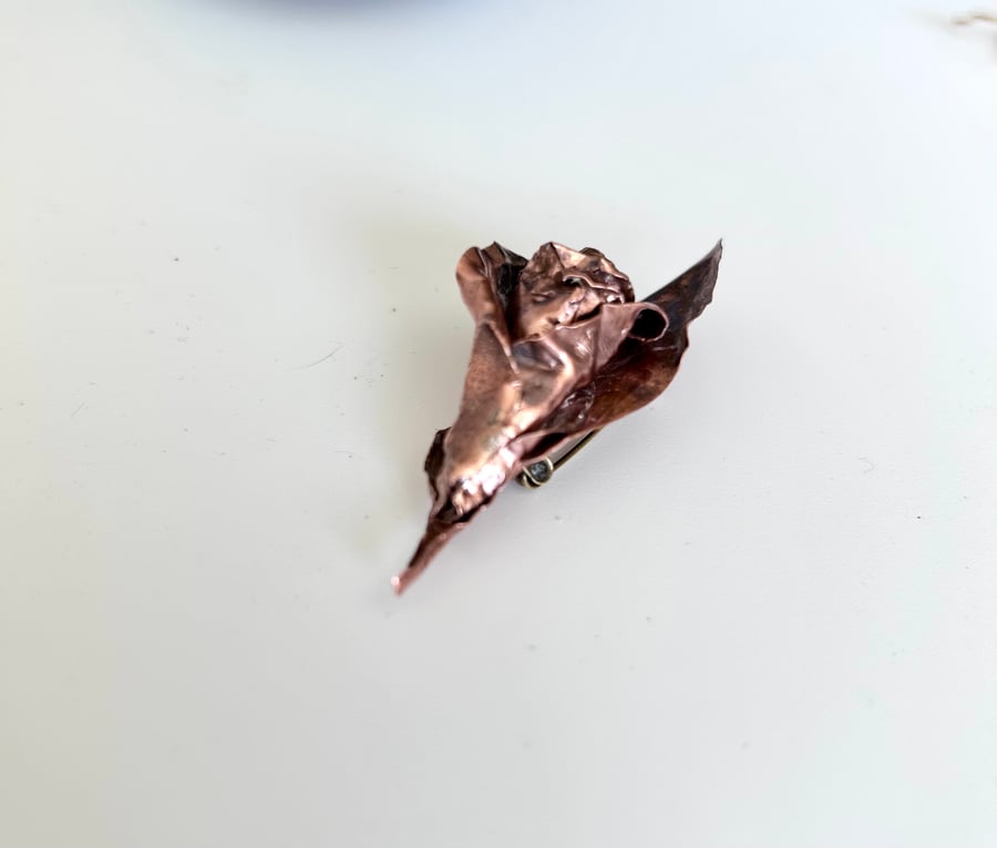 Solid Copper Rose Flower Brooch - Oxidised