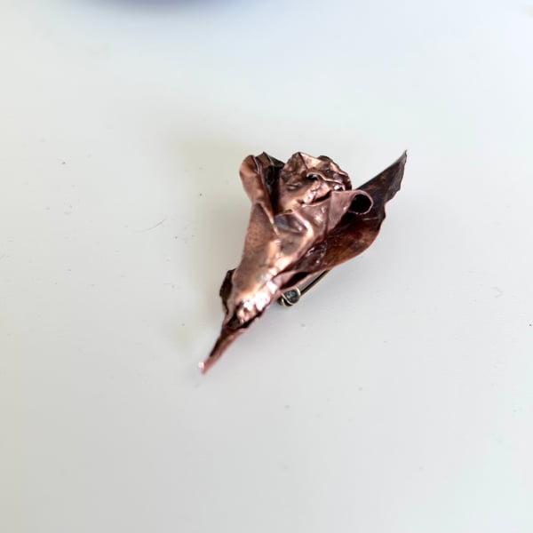 Solid Copper Rose Flower Brooch - Oxidised