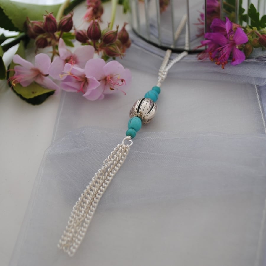 Sale-Turquoise & silver long layering necklace with tassel
