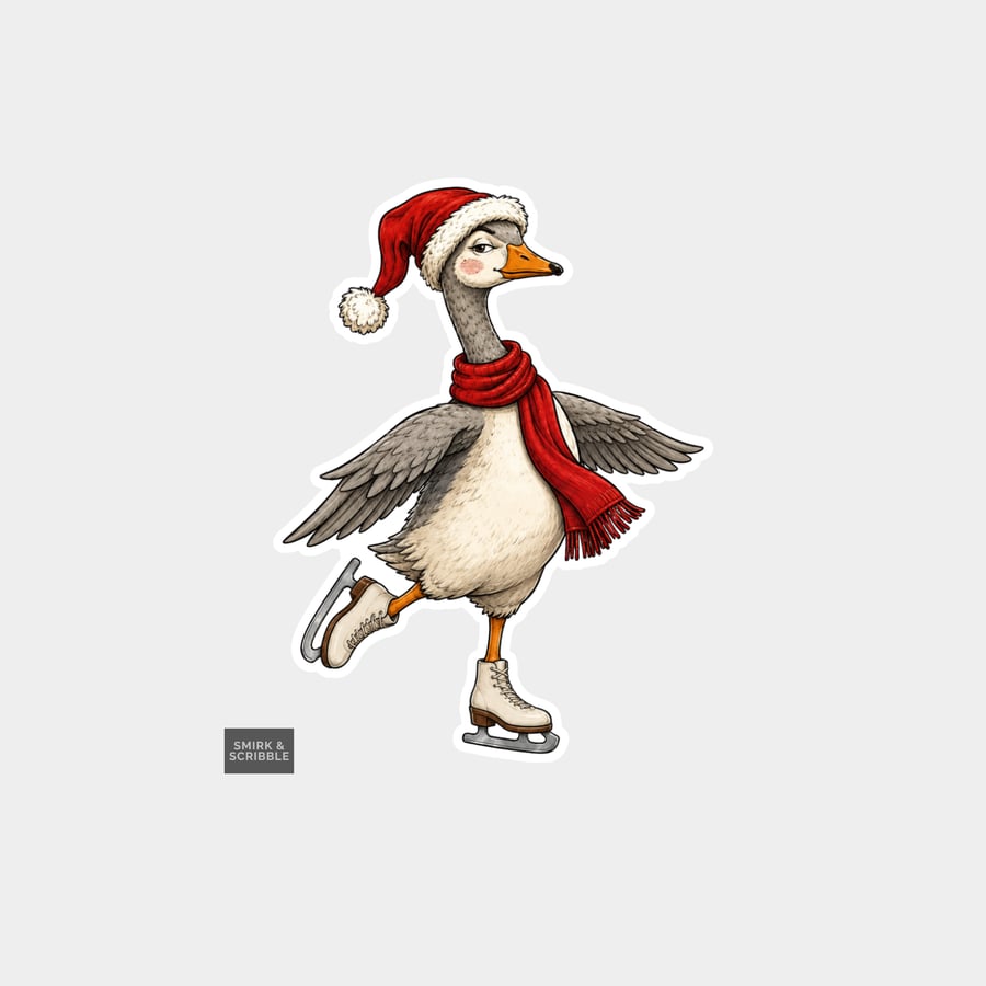 Image of Unique Funny Christmas Sticker Xmas Decal For Adults - Goose Skating
