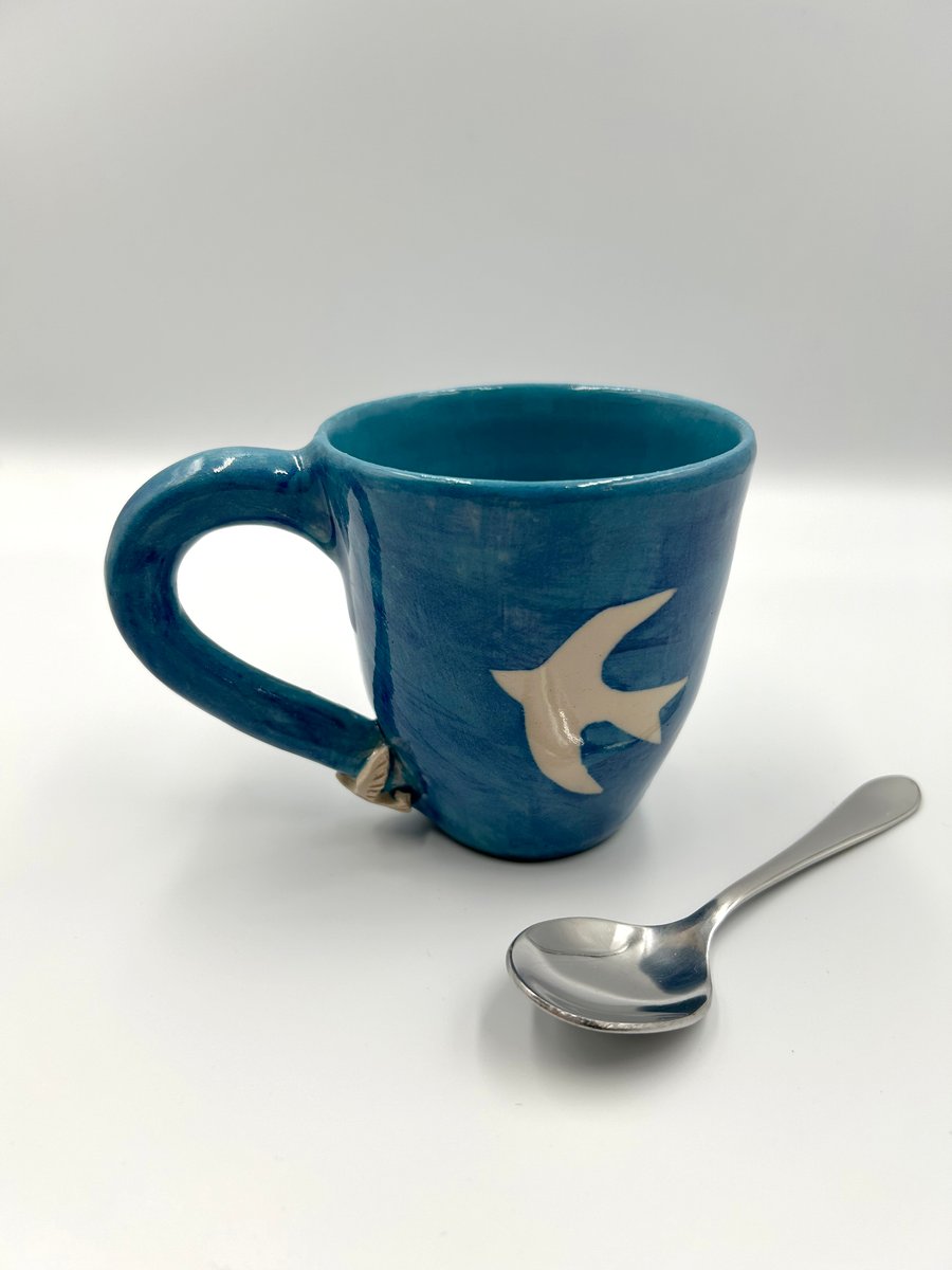 Handmade Ceramic Blue and White Flying Bird Mug
