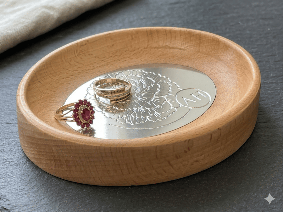 Personalised Jewellery Dish Beech & Aluminium  ,Custom Birth Flower Ring Tray