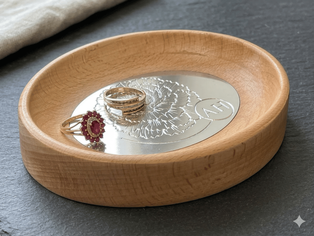 Personalised Jewellery Dish Beech & Aluminium  ,Custom Birth Flower Ring Tray