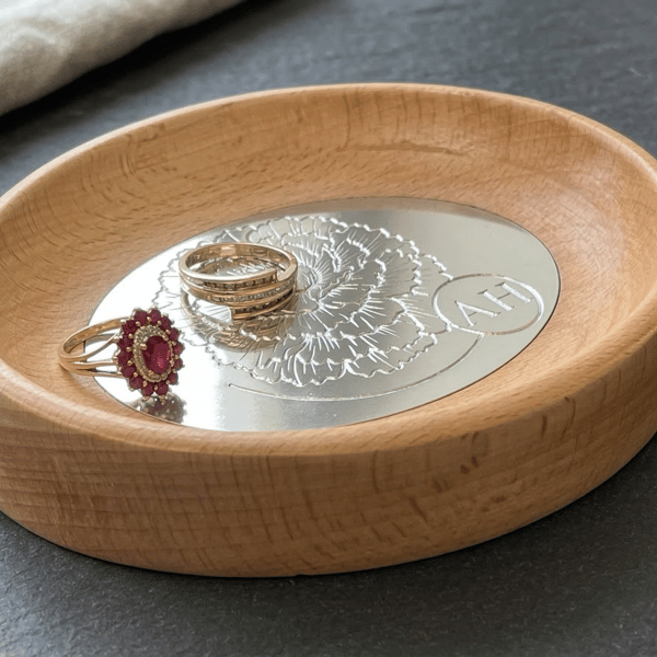 Personalised Jewellery Dish Beech & Aluminium  ,Custom Birth Flower Ring Tray
