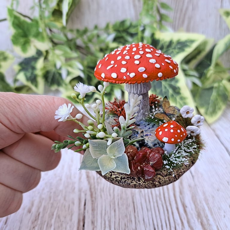 Red Mushroom Ornament - Handmade Cottagecore Shelf Decoration