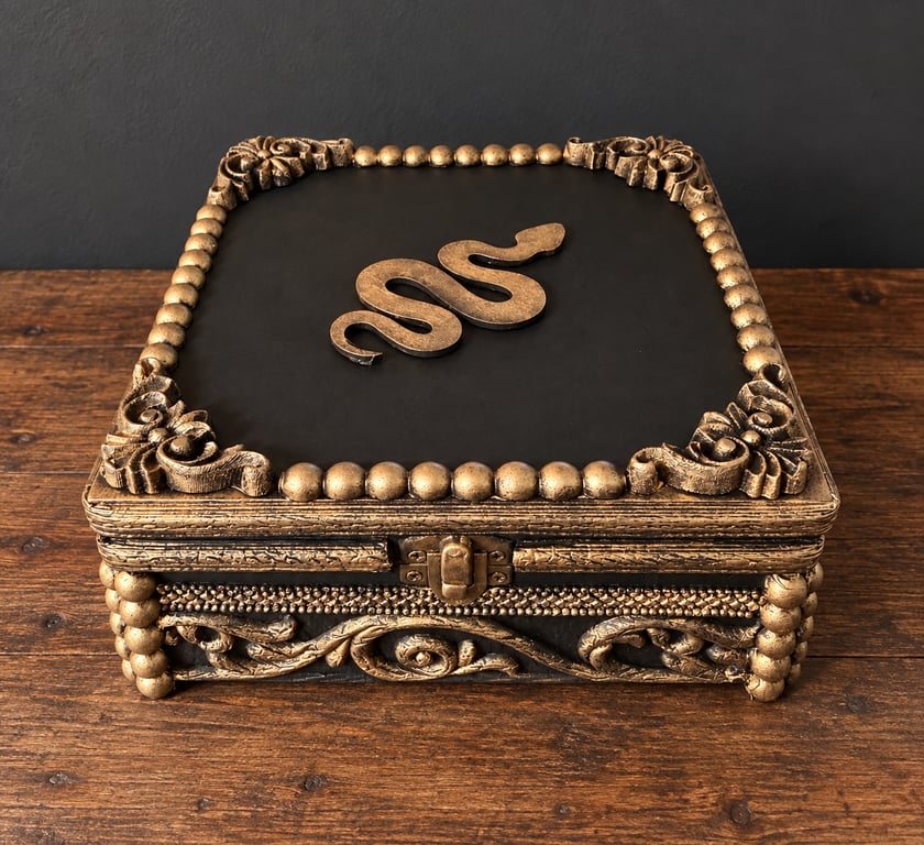 Upcycled Gothic Snake Wooden Trinket Box Black & Antique Gold Jewellery Keepsa