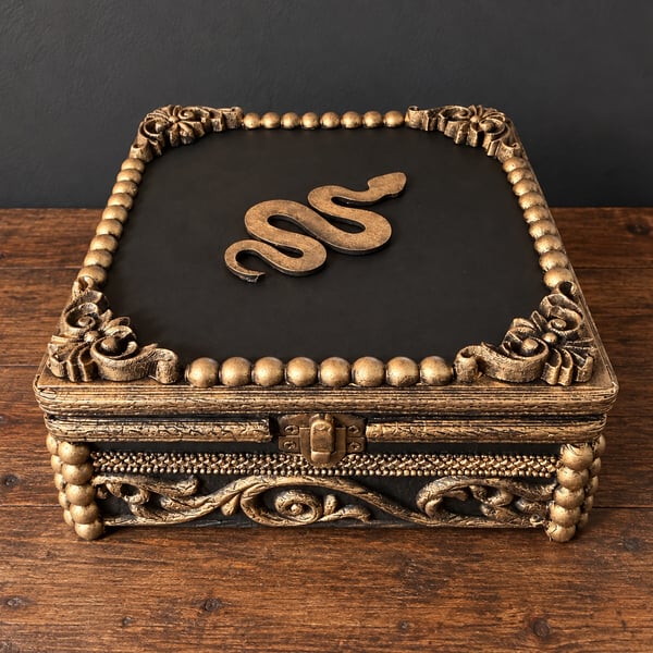 Upcycled Gothic Snake Wooden Trinket Box Black & Antique Gold Jewellery Keepsa