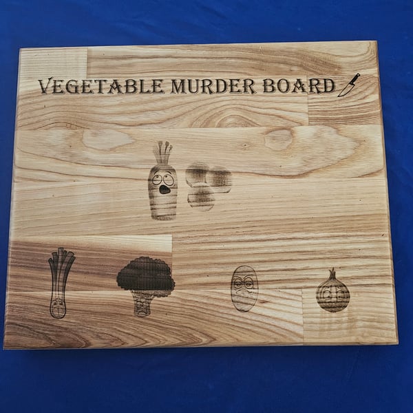 Solid oak chunky chopping board 4cm thick. Vegetable Murder Board Laser Engraved