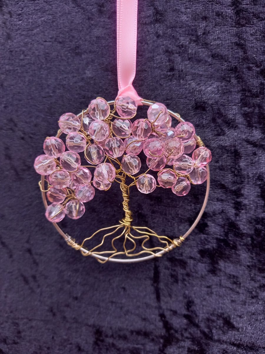  Pink Glass beads  tree of life bangle hangers on a ribbon 