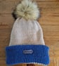 Beige and Royal Blue Ladies' Knitted Bobble Hat - Handmade with Faux Fur Pom Pom - Image 2