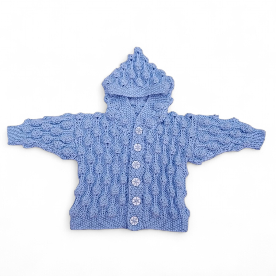 Hand Knitted Baby Cardigan, Hooded, Light Blue, Bobble Pattern, Infant Sweater 