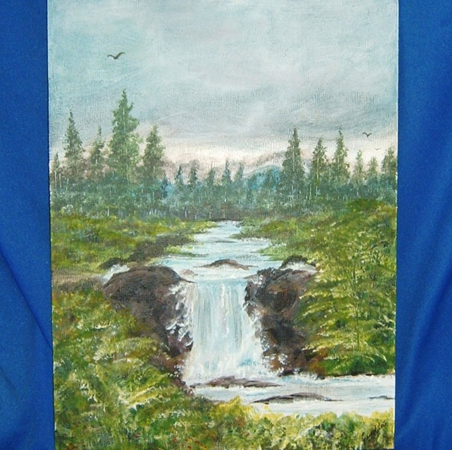 landscape art painting waterfall original 12"x 9" ref 481