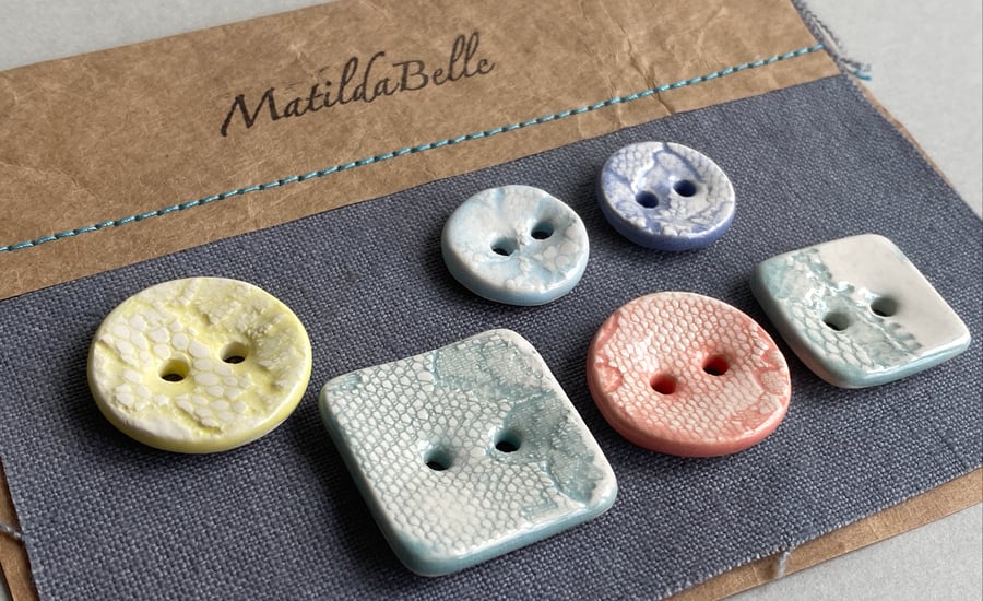 Buttons handmade Mixed set of Six ceramic pastel buttons