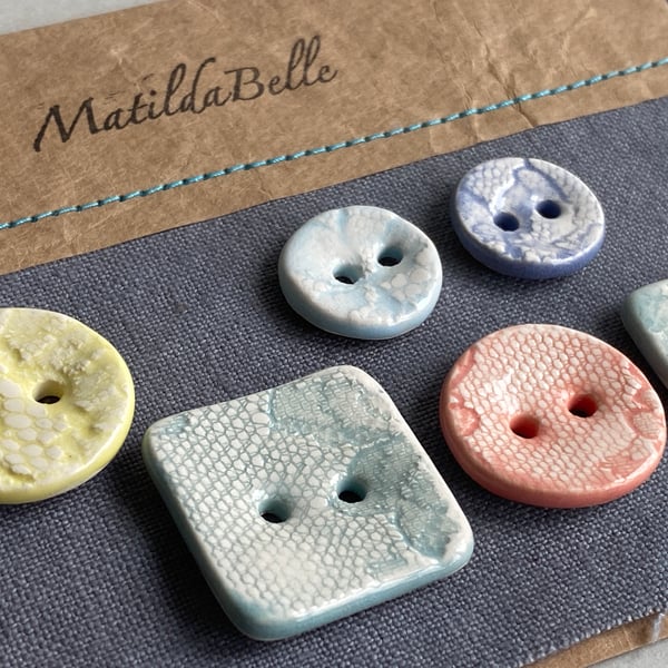 Buttons handmade Mixed set of Six ceramic pastel buttons