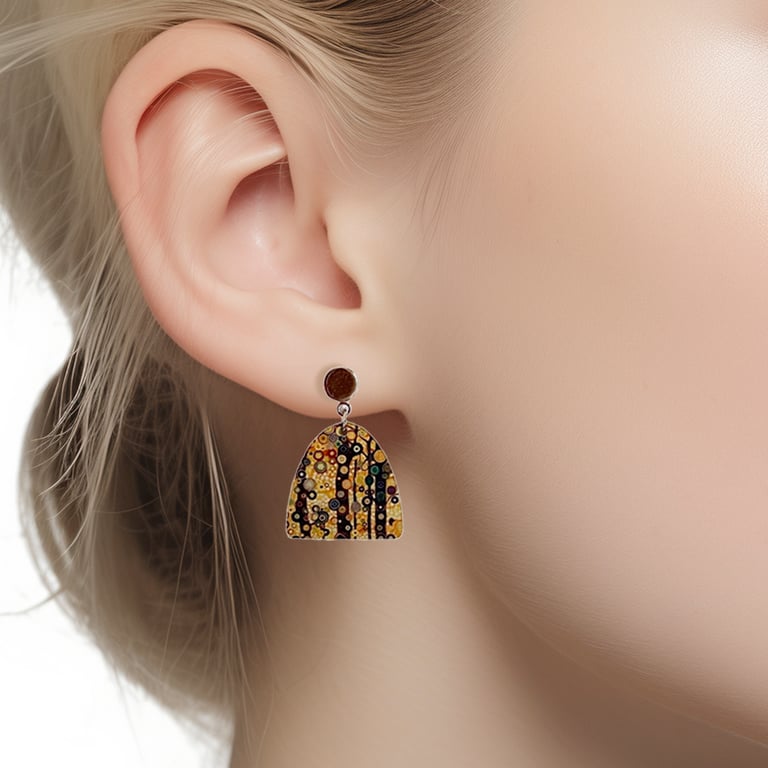 Stud drop earrings, Klimt inspired, trees yellow ochre, half oval shape (848)