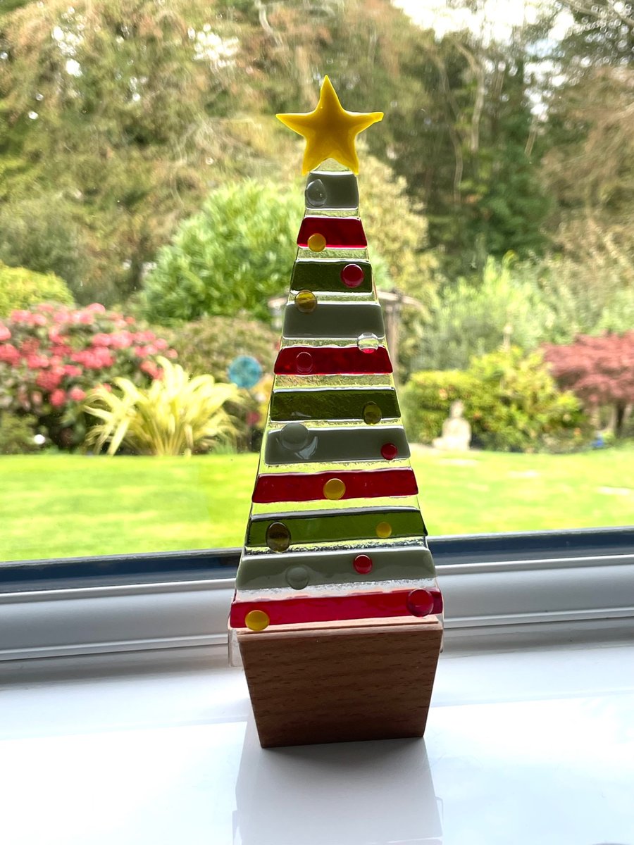 Large fused glass Christmas tree in oak base 