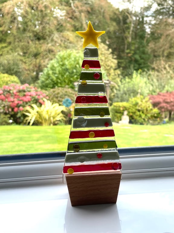 Large fused glass Christmas tree in oak base 