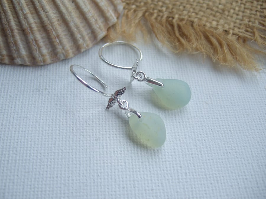 Seaham sea glass earrings, angel wing earrings, sterling silver beach jewelry