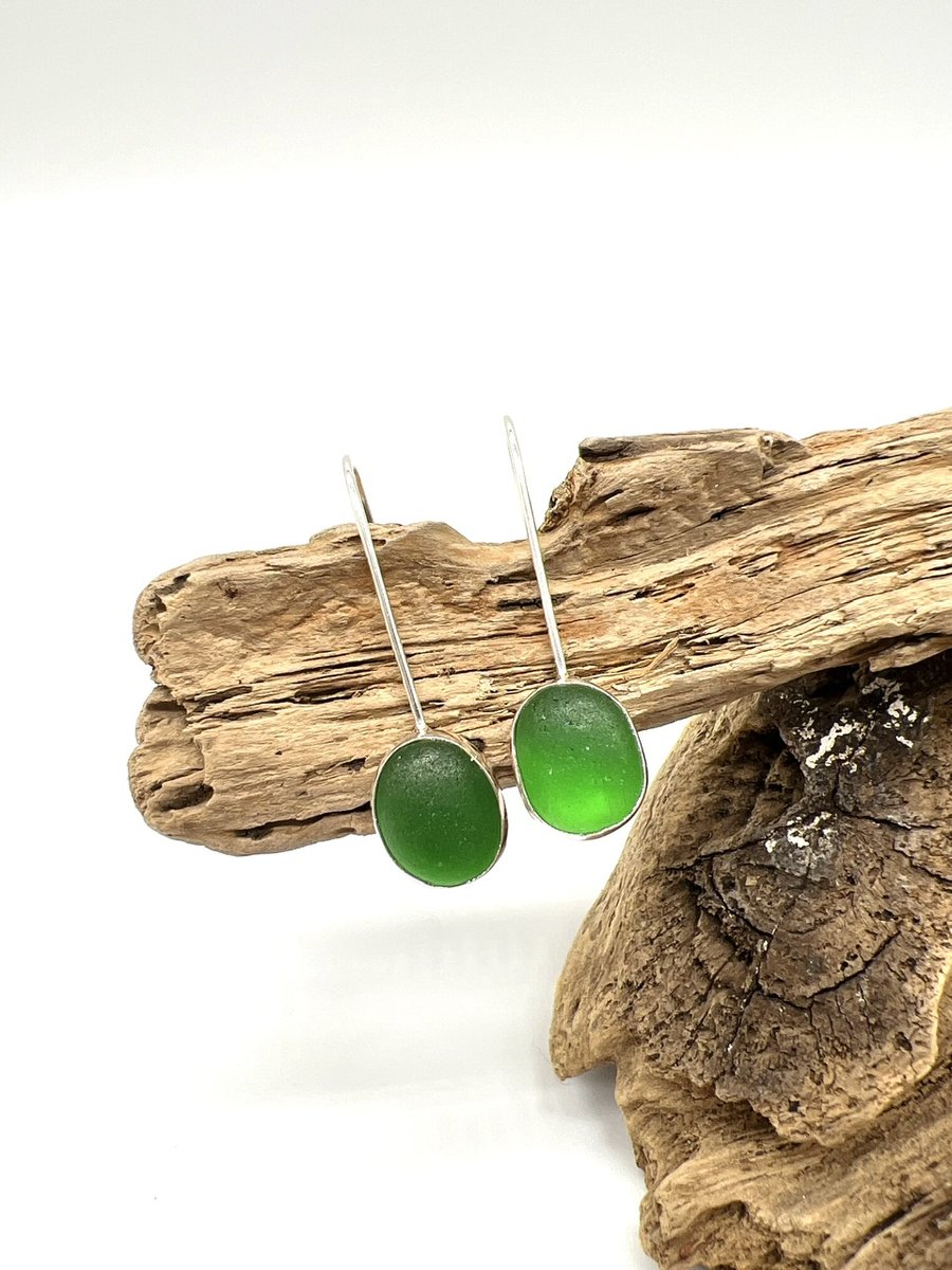 Bottle Green Sea Glass Drop Earrings