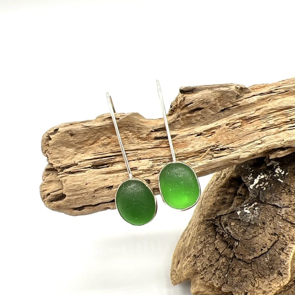 Bottle Green Sea Glass Drop Earrings